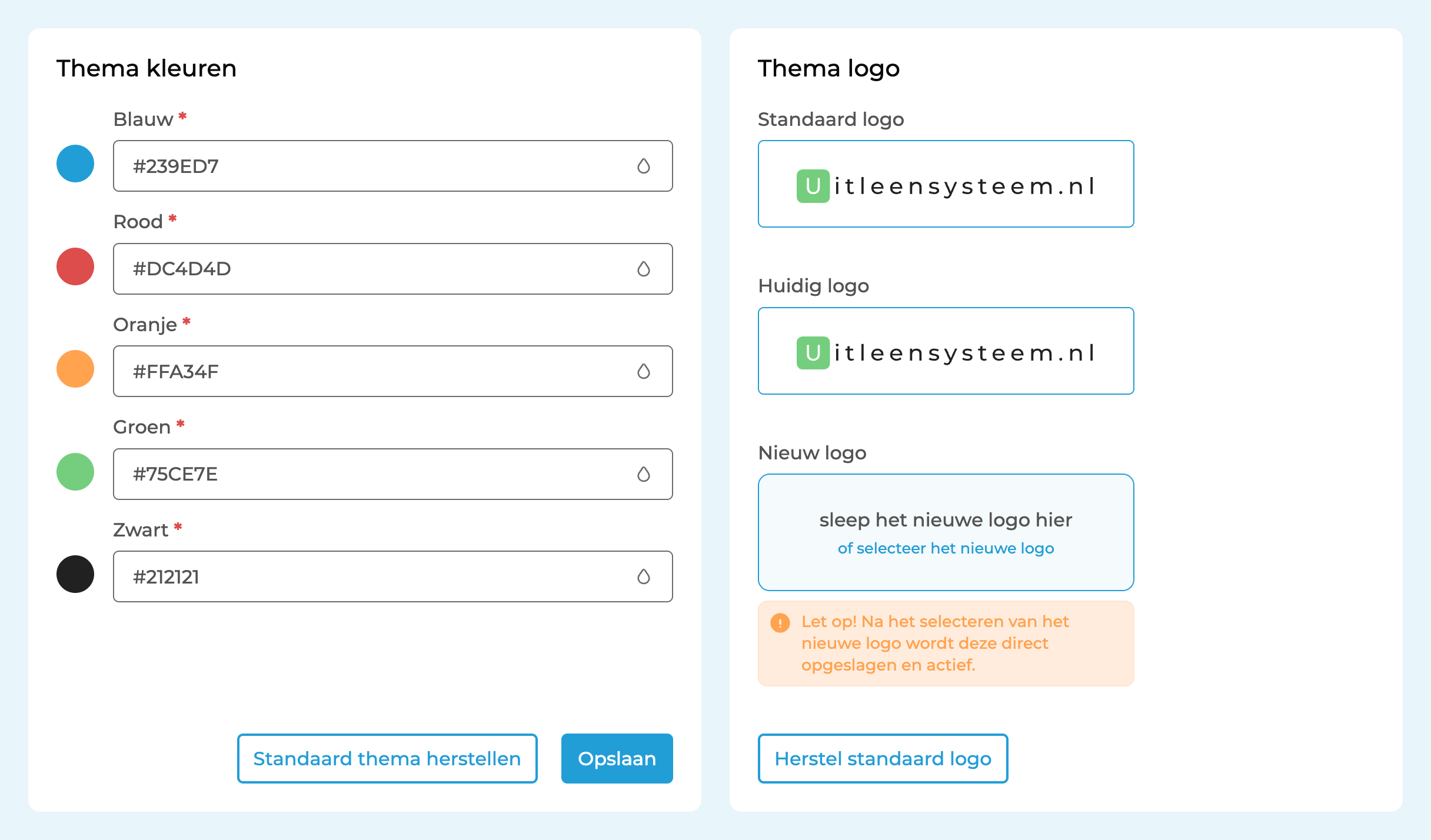 Thema instellingen